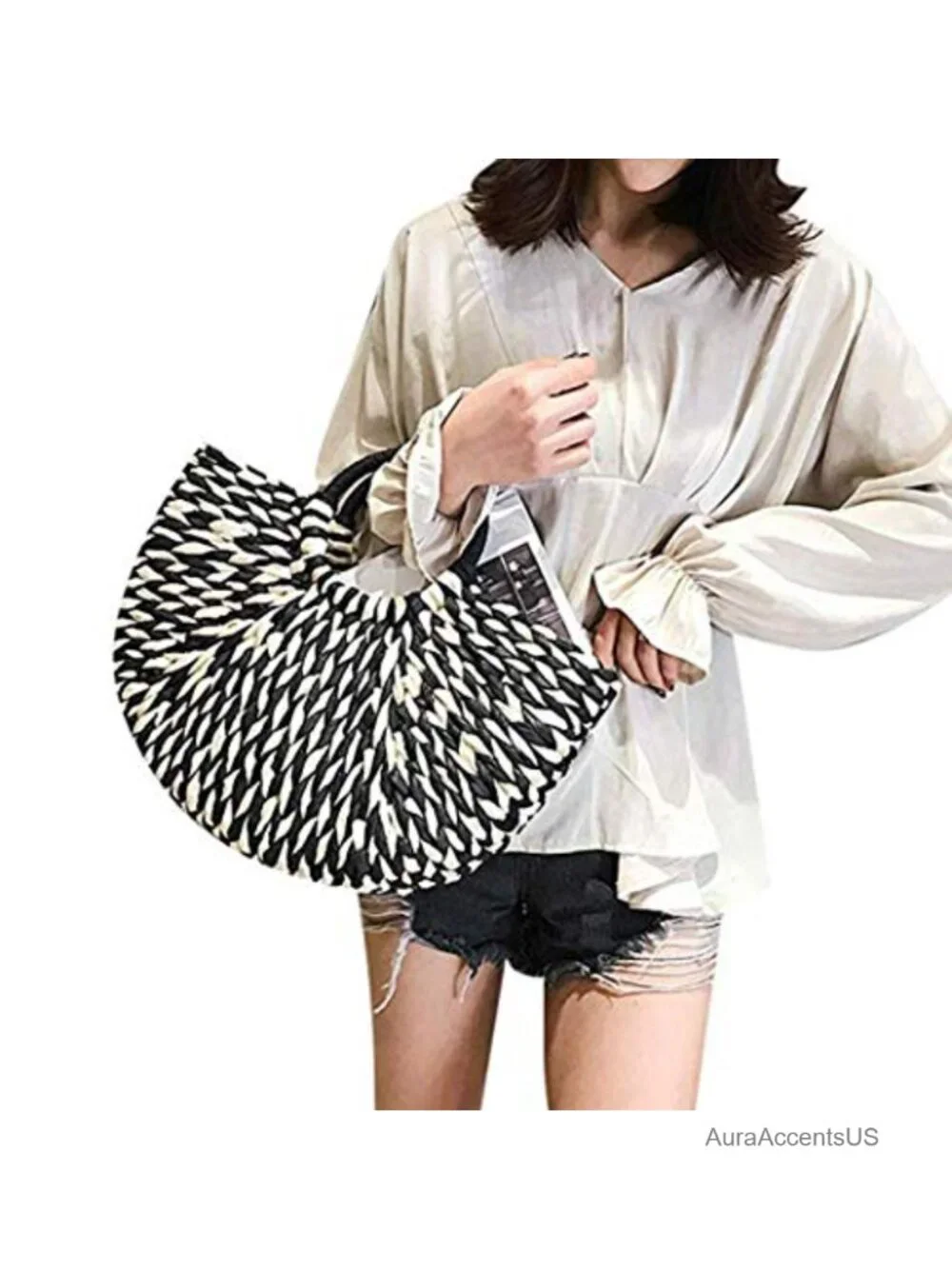 Natural Straw Handwoven Top Handle Tote Beach Bag Rattan Handbag